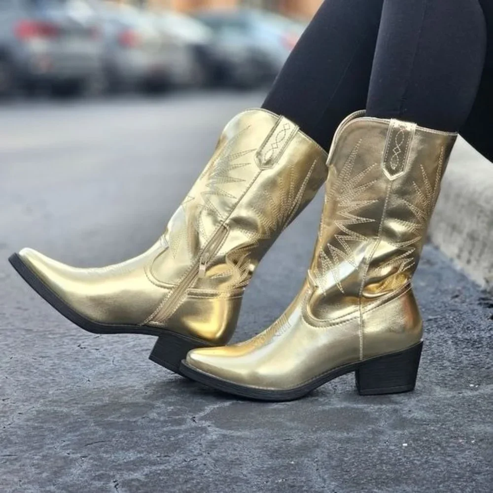 Women's Gold Metallic Western Cowboys Boots - Picture 3 of 7